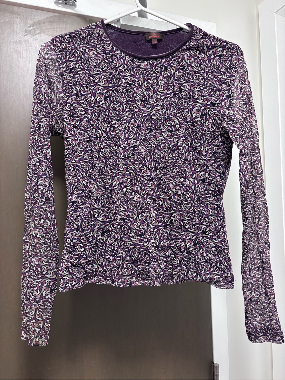 Vintage Danier Y2K Purple Abstract Print Mesh Long Sleeve Top with Velvet Trim